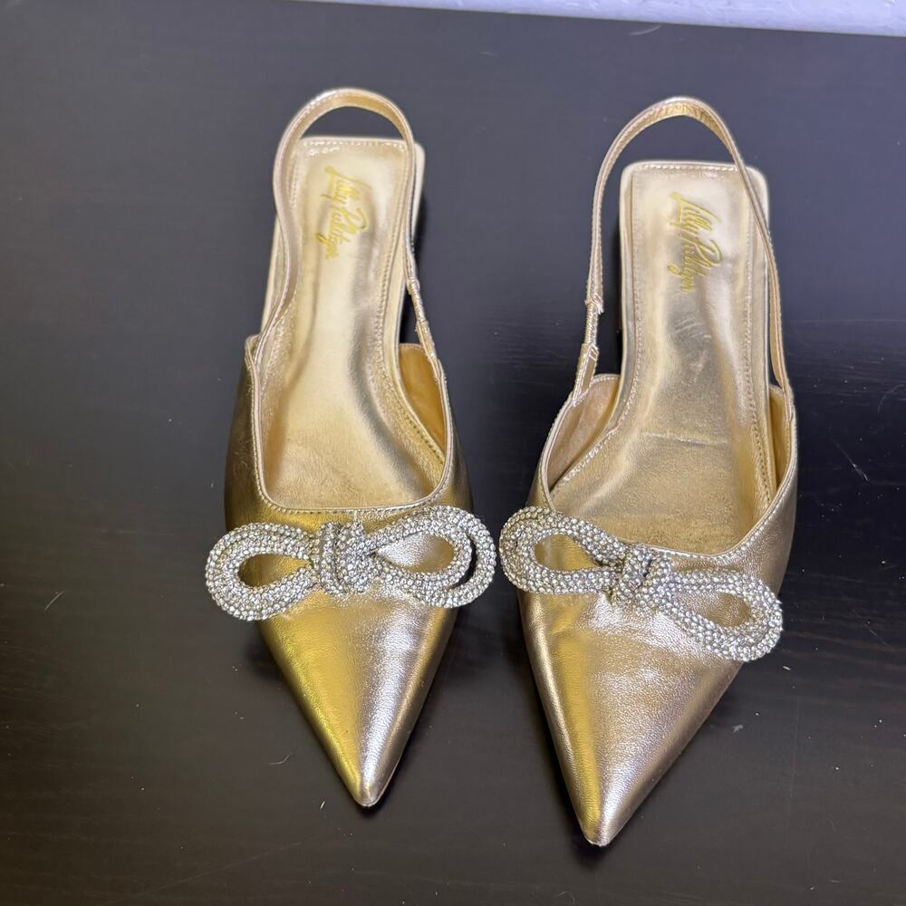 Lilly Pulitzer Brit Gold Leather Slingback Dressy Summer Event Bling Bow Size 9 - Picture 3 of 15